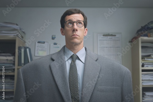 A capable professional wears an ill-fitting, oversized suit. This image symbolizes impostor syndrome, self-doubt, and the fear of being exposed as a fraud.