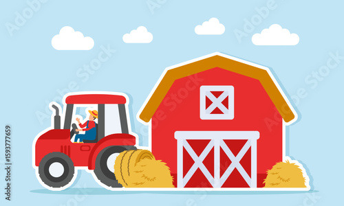 Farmer driving tractor near barn and haystack illustration of effective agricultural management