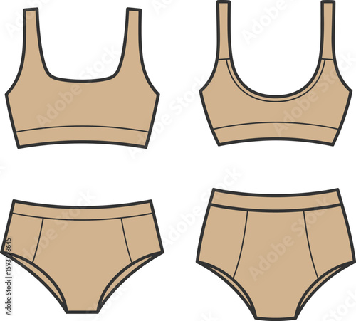 Flat sketch of women’s underwear and bra set, front and back view, minimalist seamless lingerie technical fashion drawing template