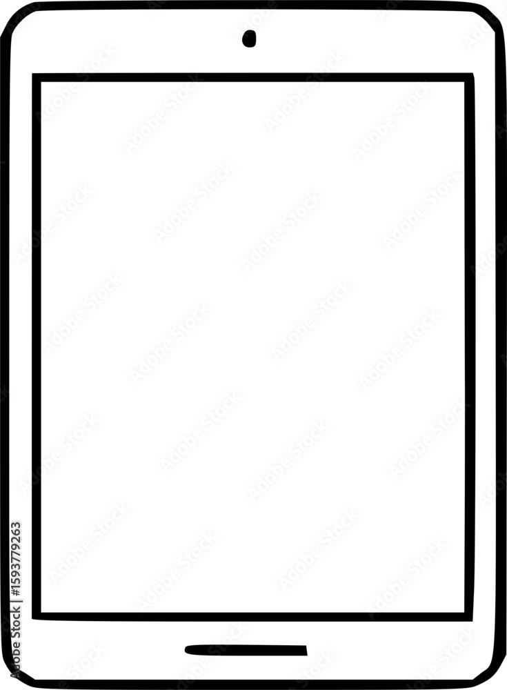 A white tablet device with a blank screen, outlined in black. A white tablet device with a blank screen, outlined in black.