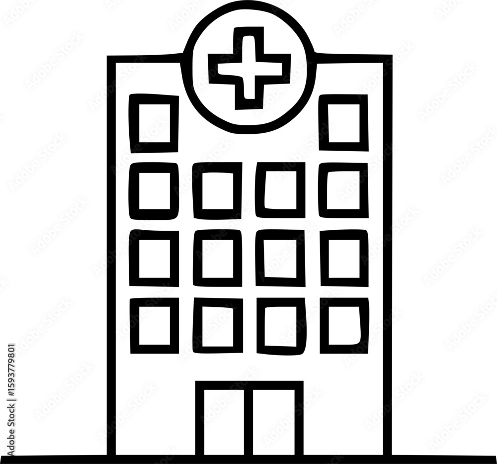 Obraz premium Simple black line drawing of a modern hospital building.