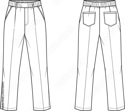 Flat sketch of women's straight leg trousers with elastic waistband, front and back view, fashion technical drawing, pants design template
