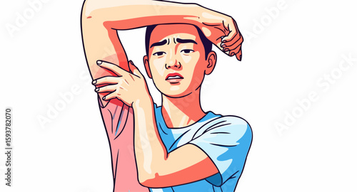 Young Man Feeling Uncomfortable with Body Odor in Casual Attire for Health Awareness Campaigns, Personal Hygiene Blogs, and Educational Content