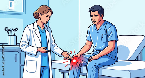 Doctor Examining Patient's Knee Pain in Medical Office for Health Blogs, Patient Education Websites, Sports Injury Articles, and Wellness Content  