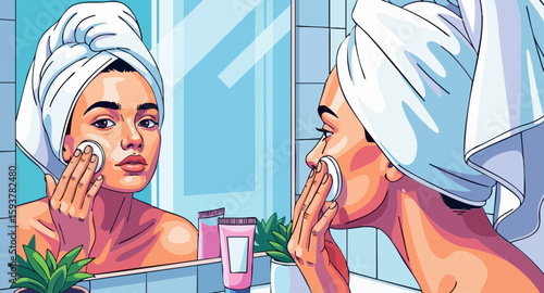 Woman Applying Skincare Product in Front of Mirror with Towel on Head for Beauty Blogs, Self-Care Websites, Skincare Routines, and Wellness Content  