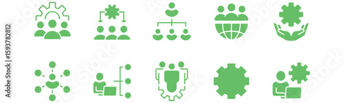 HR Management Icon Set - Teamwork, Hierarchy, Leadership & Employee Network - Gear & Settings Vector