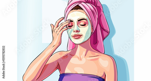 Woman Applying Facial Mask with Towel and Pink Spa Setting for Self-Care Blogs, Beauty Websites, Wellness Articles, Skincare Guides, and Relaxation Content  