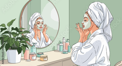 Woman Applying Face Mask in Mirror Reflection with Spa Products for Skincare Blogs, Wellness Websites, Beauty Tutorials, Self-Care Articles, and Relaxation Content  