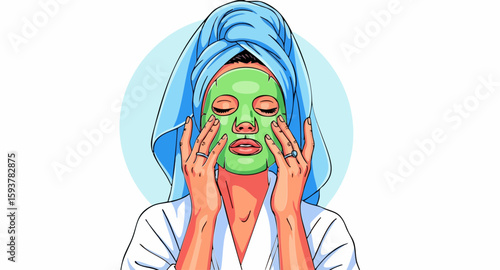Woman Applying Green Face Mask in Spa Setting for Skincare Blogs, Wellness Websites, Beauty Tutorials, Relaxation Articles, and Self-Care Social Media Content  