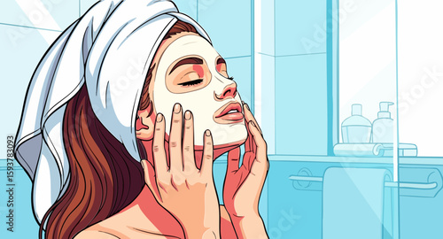 Woman Applying Facial Mask in Bathroom for Beauty Blogs, Skincare Websites, Wellness Articles, Self-Care Content, and Relaxation Guides  