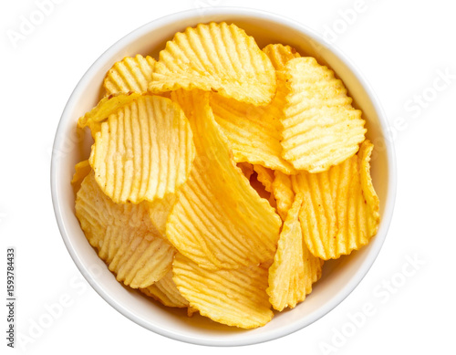 Top-down view of golden crispy ridged potato chips in white ceramic bowl, isolated on transparent background PNG
