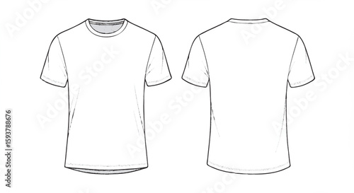Front and back view mockup of a men's t-shirt in a clean, minimalist line art style.