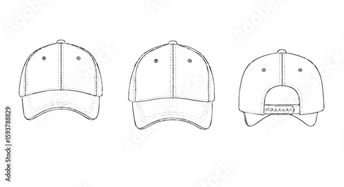 Minimalist line art mockup of a baseball cap shown in front, side, and back views.