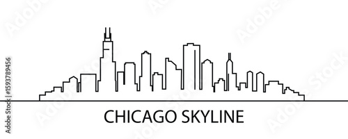 Iconic Chicago skyline depicted in a minimalist black and white line art silhouette
