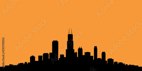 Dramatic black silhouette of a modern Chicago skyline against a vibrant orange sky