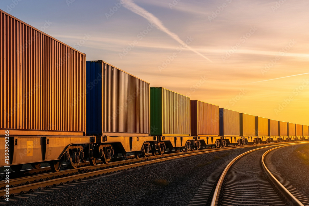 Fototapeta premium Freight Train Containers at Sunset: Transportation, Logistics, and Global Trade
