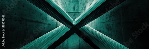 Teal concrete tunnel with intersecting beams