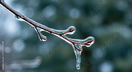 a single, ice-covered branch, adorned with delicate icicles. The background is a soft, hinting at a winter forest. Emphasize the sharpness of the ice and the natural beauty.