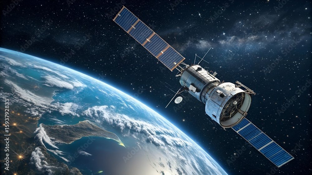 Naklejka premium Satellite orbiting earth over australia with starry space background