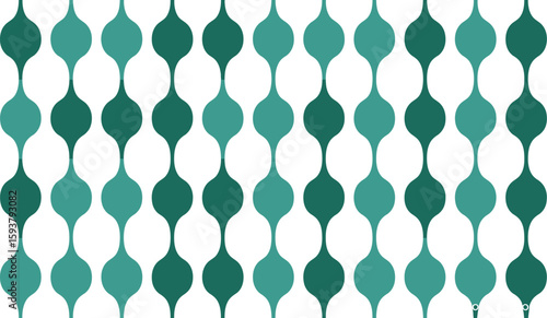 Repeating pattern of green and teal shapes with pink horizontal bands
