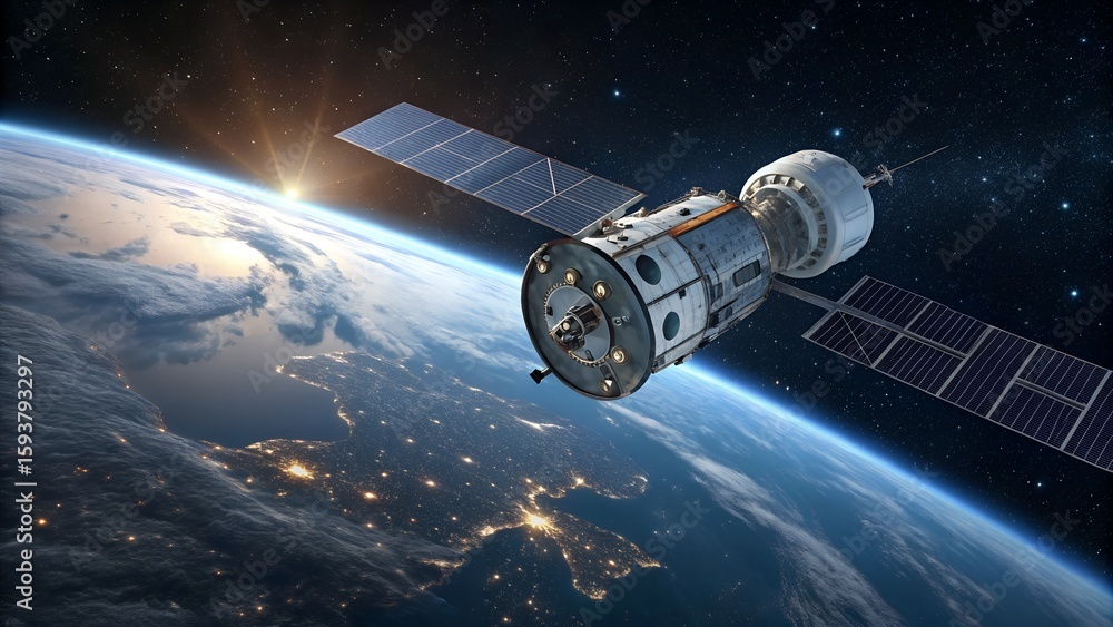 Fototapeta premium Satellite orbiting earth over australia with starry space background