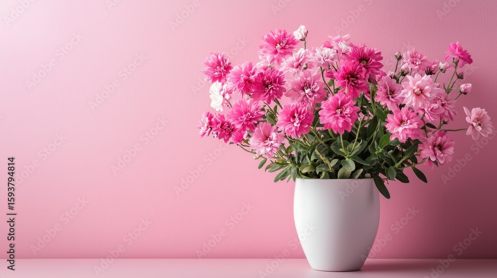 Naklejka premium A pink flower arrangement in a white vase on a pink background.