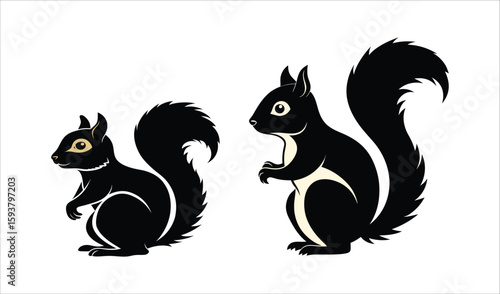 A striking black and white squirrel with a nut is reimagined as a tribal animal silhouette, blending fantasy illustration with a dragon-like medieval symbol