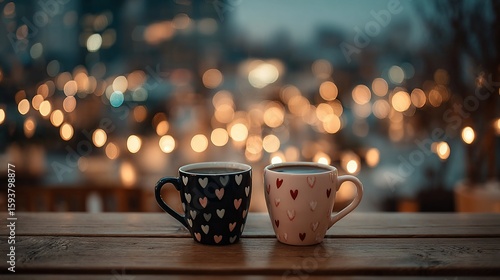 Two cups of coffee on a wooden table at night