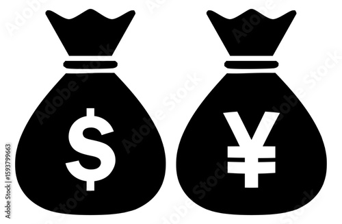 金融・経済系に使えるお金袋の線画（ドルと円）