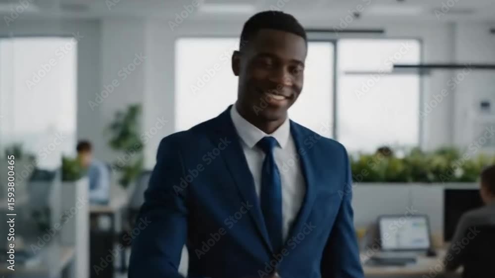Smiling man in a blue suit giving a thumbs up in an office Smiling man in a blue suit giving a thumbs up in an office