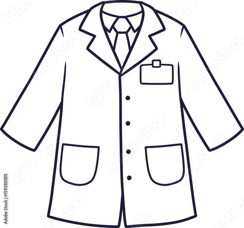 Outlined illustration of a white lab coat with a tie and name tag.