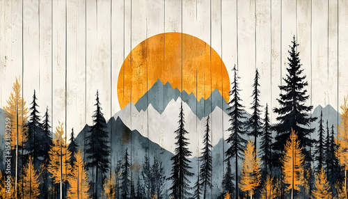 Mountain landscape with a large sun