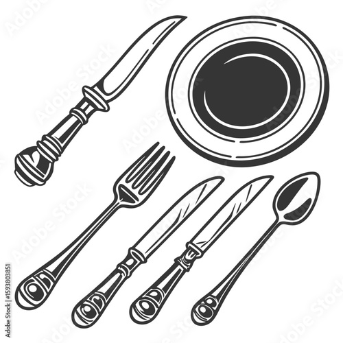 Ornate silverware and plate collection cutlery fork
