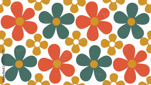 Retro floral pattern with orange teal and yellow flowers on white background