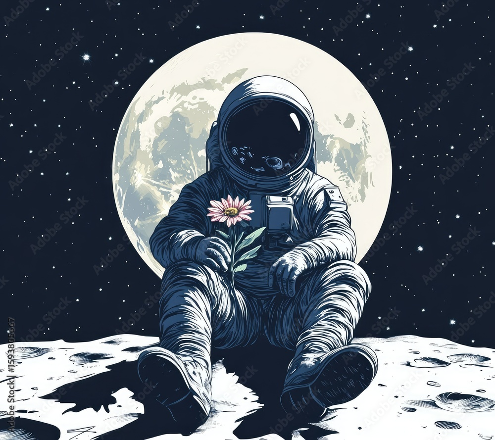 Fototapeta premium Astronaut on the moon with flower