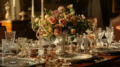Elegant table setting with floral centerpiece, crystal glassware, and antique silverware