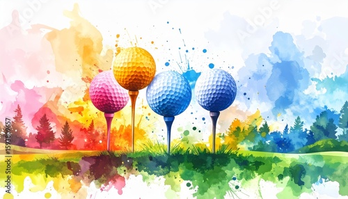 Artistic watercolor illustration featuring a collection of golf balls set against a colorful and engaging background