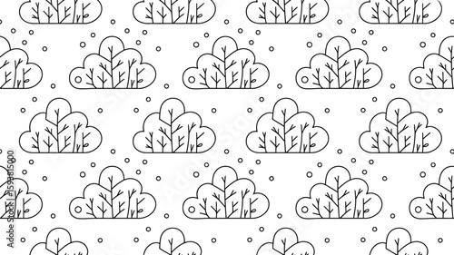 Seamless pattern of clouds trees and circles in black and white style