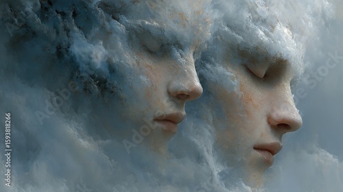 Two serene faces, wrapped in clouds