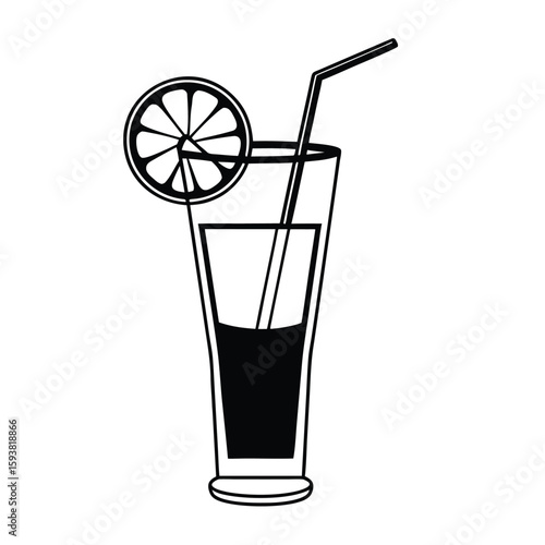 Tall glass filled with dark liquid featuring a straw and a citrus slice silhouette