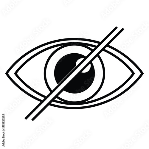 A stark black and white graphic illustration of an eye with a diagonal line crossing over the pupil symbolizing privacy or censorship silhouette
