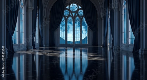 Eerie Modern Gothic Ballroom bathed in sapphire moonlight, reflecting gothic arched windows and an ethereal full moon on the polished dark marble floor. A ghostly, dark baroque atmosphere.