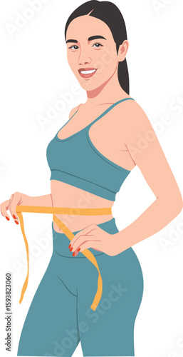 A woman wearing sportswear measures her waist