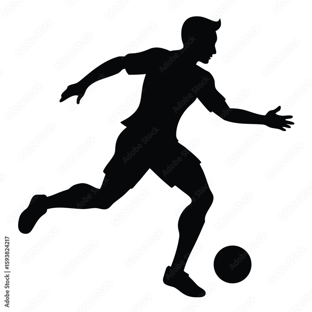 Obraz premium Silhouette of Male Soccer Player Dribbling Ball, Sporting Shorts and Jersey Shirt