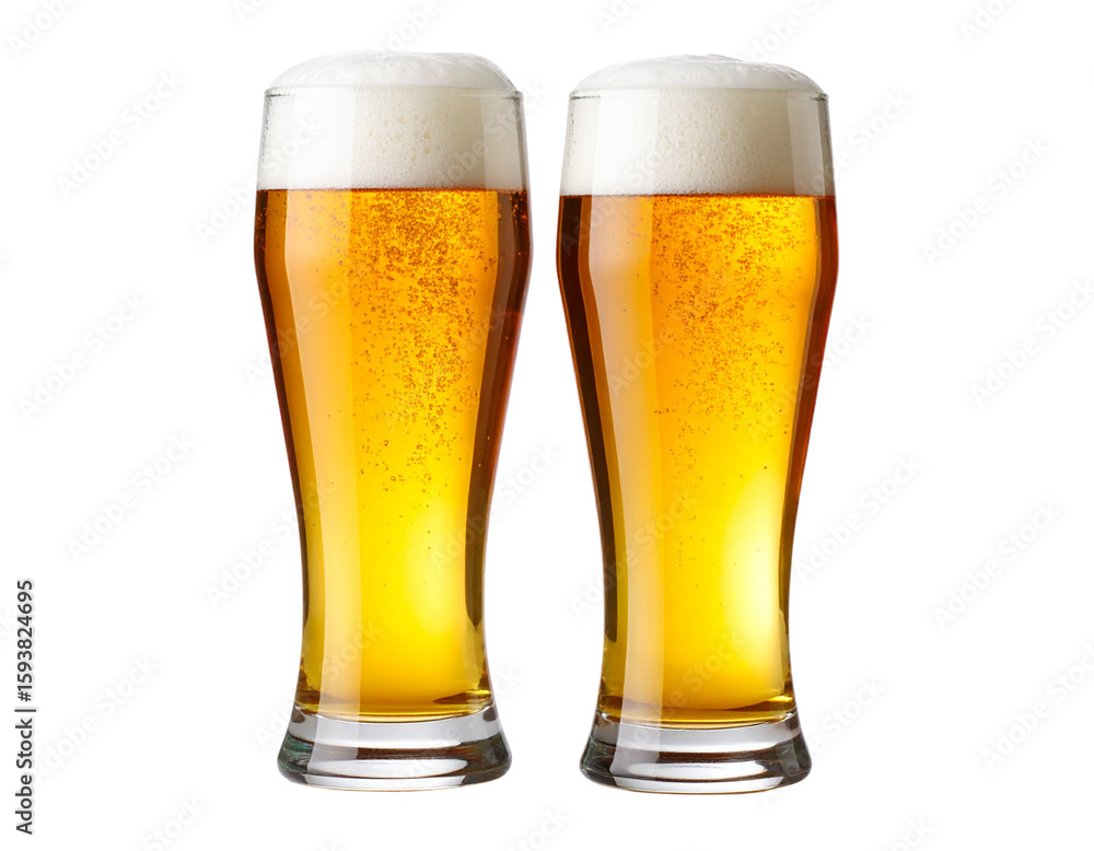 Two tall glasses of golden beer with frothy foam, front view isolated on white background PNG Two tall glasses of golden beer with frothy foam, front view isolated on white background PNG
