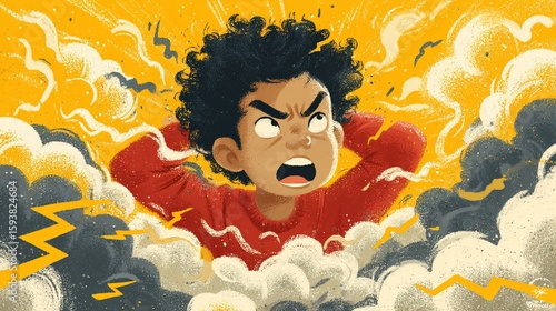 Upset child surrounded by explosions of negative energy