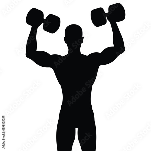 Silhouette of Muscular Man Lifting Dumbbells Exercising Bodybuilding on White Background