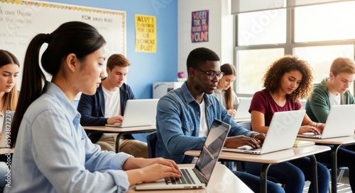 Students working on laptops in a classroom.