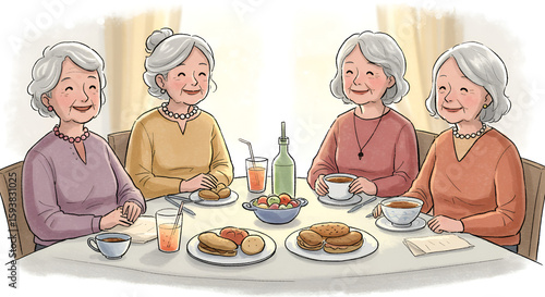 Illustration of elderly women enjoying tea and snacks at a table gathering