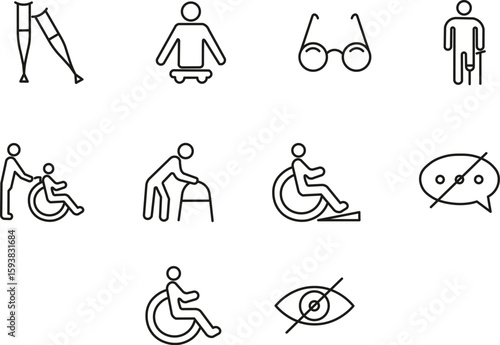 Disabled person set of line icon. Crutches, braille, wheelchair, cane, hearing aid, prosthetic, guide dog, glasses, hospital bed, communication, support, accessibility, healthcare, therapy, disability